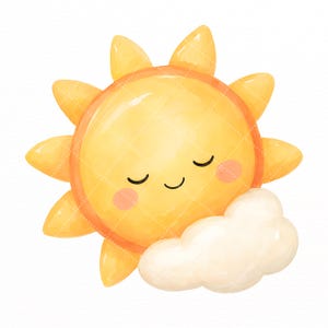 Puede incluir: Una ilustraci&oacute;n de sol amarillo con una cara sonriente, ojos cerrados y mejillas rosadas, que presenta m&uacute;ltiples rayos puntiagudos alrededor del centro circular. Una sola nube blanca y esponjosa se encuentra en la esquina inferior derecha.