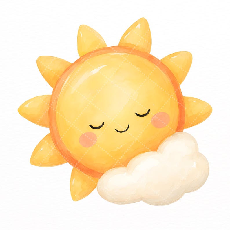 Puede incluir: Una ilustraci&oacute;n de sol amarillo con una cara sonriente, ojos cerrados y mejillas rosadas, que presenta m&uacute;ltiples rayos puntiagudos alrededor del centro circular. Una sola nube blanca y esponjosa se encuentra en la esquina inferior derecha.