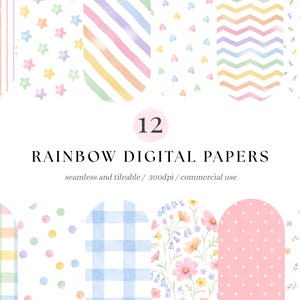 Puede incluir: Una colección de 12 papeles digitales con varios patrones de arcoíris en tonos pastel, incluyendo rayas verticales, estrellas, rayas diagonales, corazones, zigzags, chispas, cuadros, lunares y diseños florales con el texto 12 RAINBOW DIGITAL PAPERS.