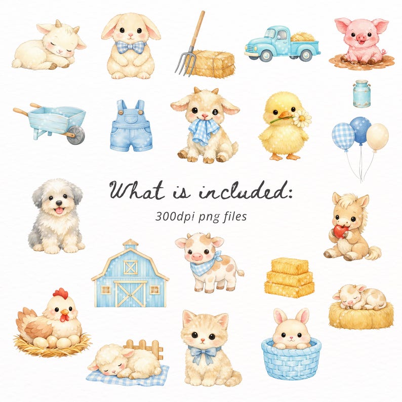 Farm Animal Clipart Bundle Watercolor PNG, Cute Farm Animals, Cow Pig ...