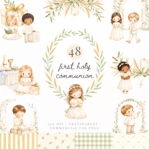 Può includere: Una collezione di 48 illustrazioni ad acquerello raffiguranti bambini in abiti bianchi per la prima comunione, inclusi simboli religiosi come croci, candele, grano e colombe, con il testo 48 first holy communion visualizzato al centro.