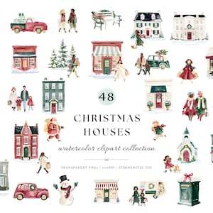 Op de afbeelding: Een collectie van 48 aquarel kersthuisjes en vakantie-clipart met gebouwen, mensen, voertuigen, een sneeuwpop en een kerstboom. De tekst luidt 48 CHRISTMAS HOUSES watercolor clipart collection, TRANSPARENT PNGs / 300DPI / COMMERCIAL USE.
