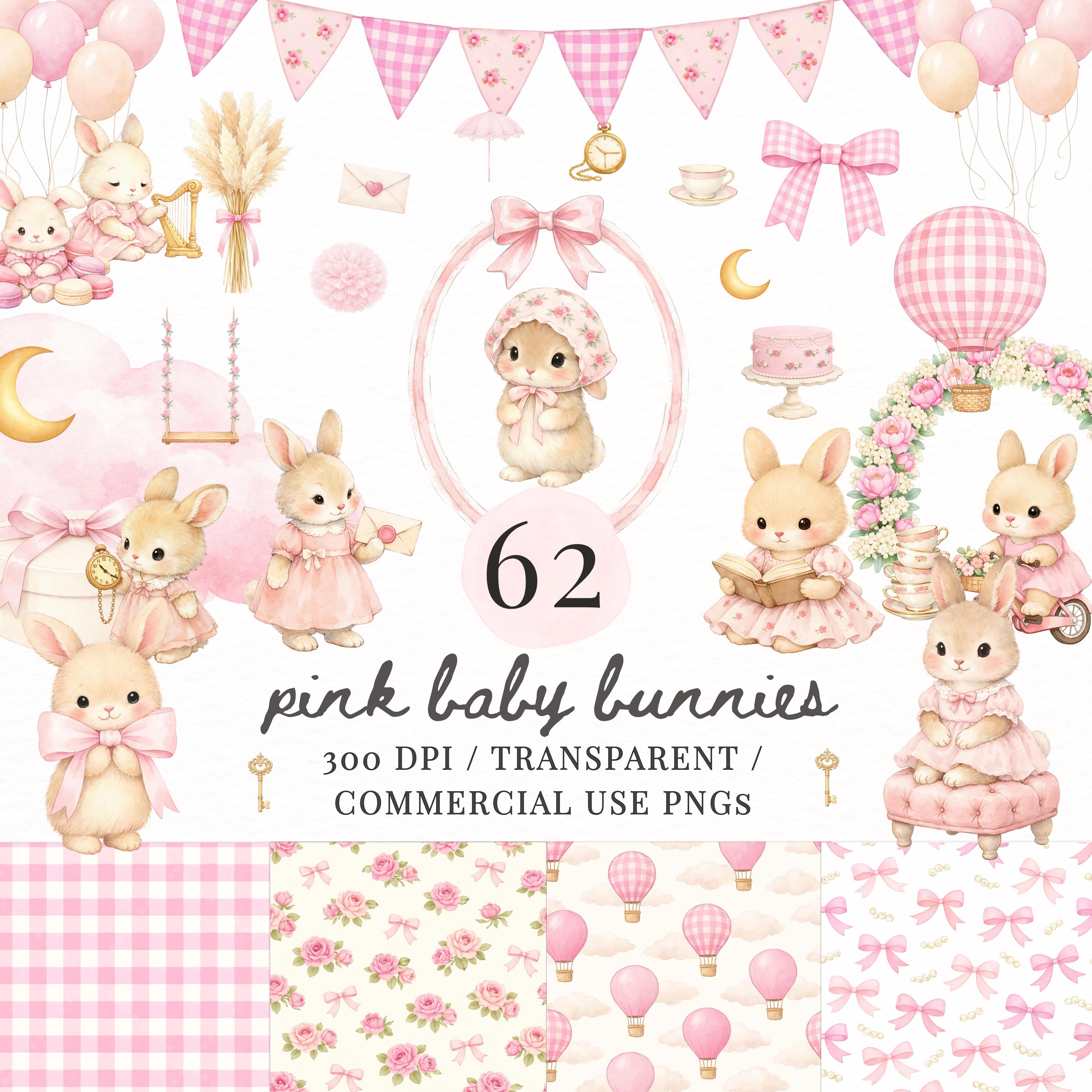 Pink Bunny Clipart Bundle PNG, Cute Baby Bunny Clipart, Coquette ...