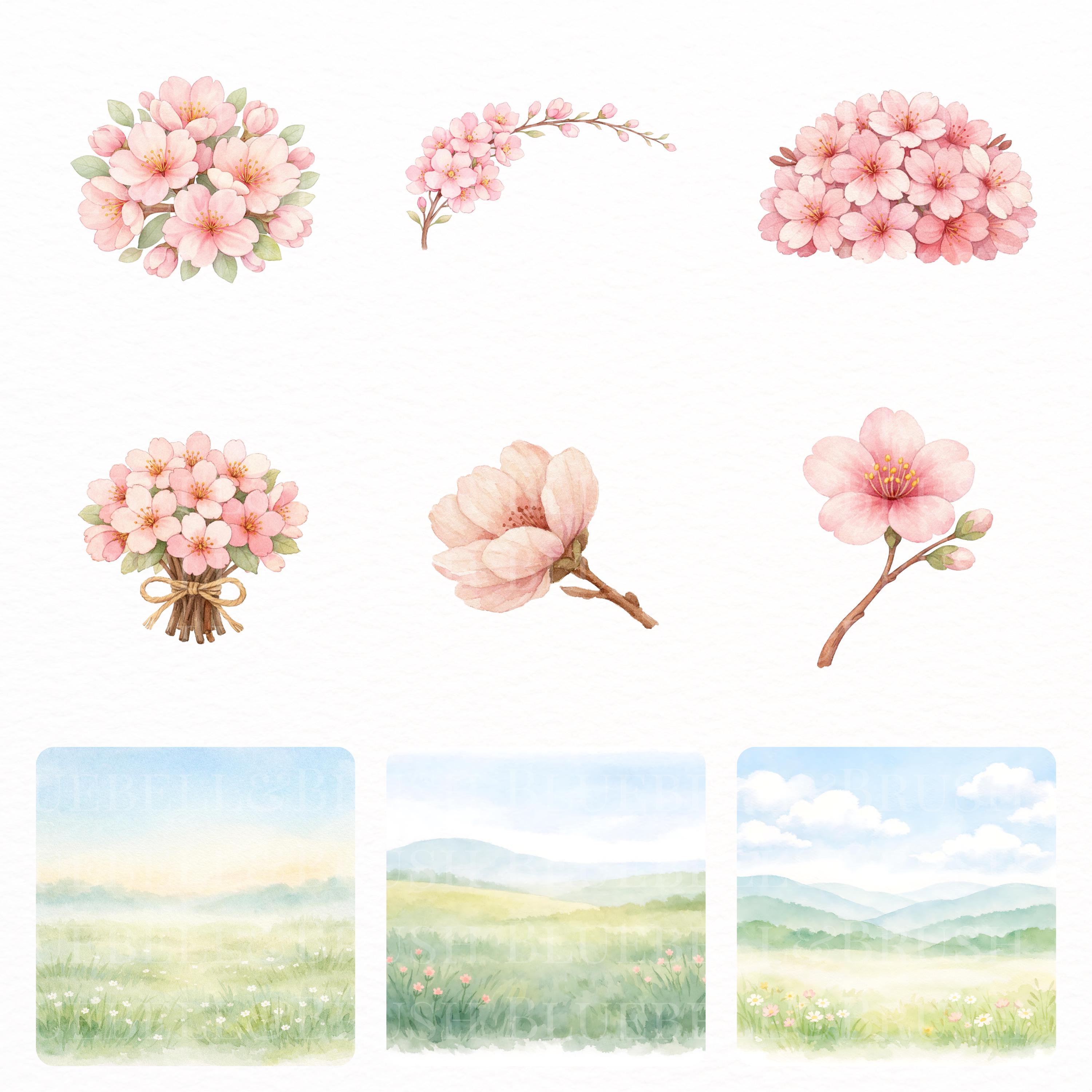 108 Spring Scene Builder Clipart PNG, Watercolor Bows, Floral Wreaths ...