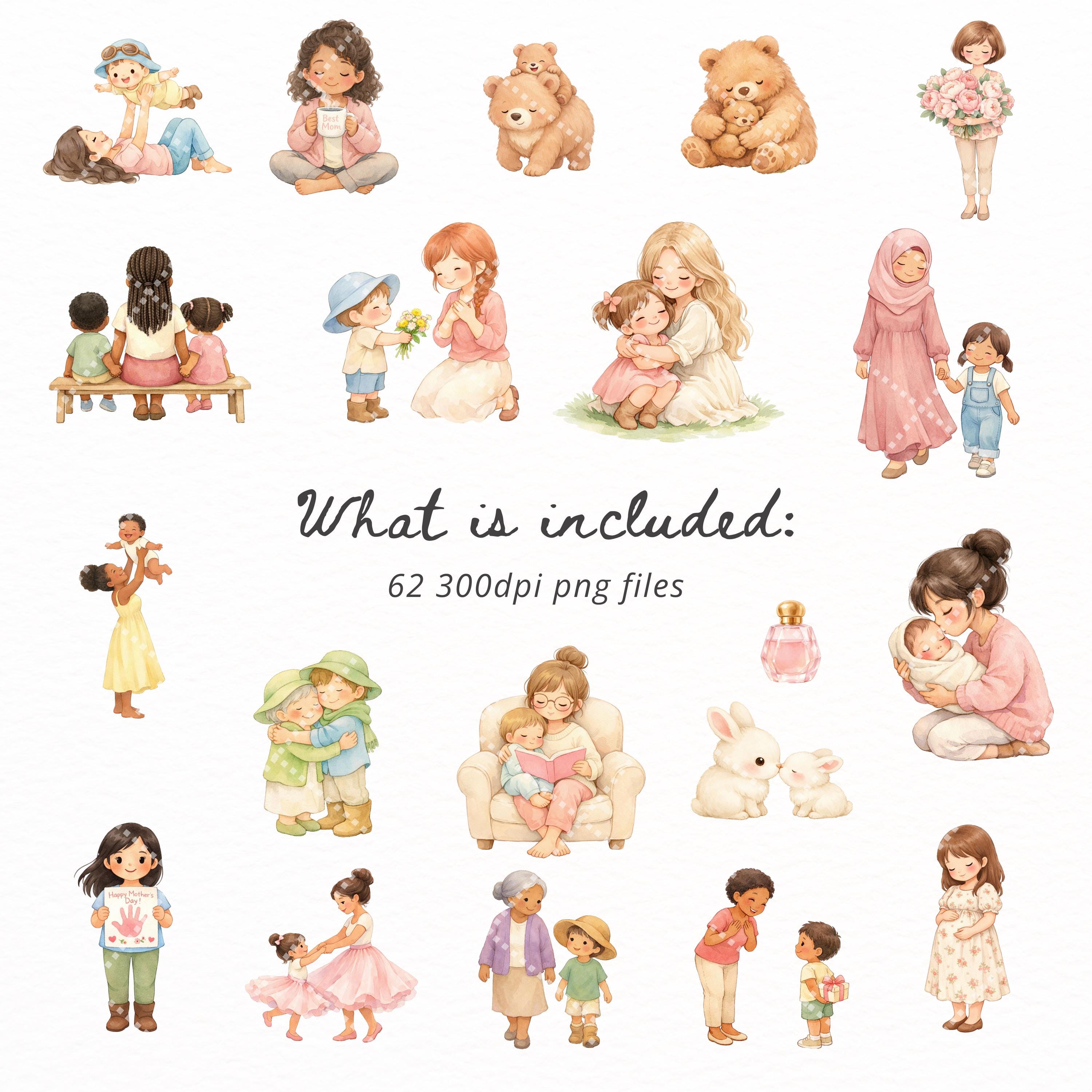 Happy Mothers Day Clipart Bundle PNG, Watercolor Floral Family Clipart ...