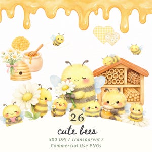 May include: Watercolor illustration featuring 26 cute bees, honey, a beehive, and daisies. The bees are yellow and black with smiling faces. The image includes the text "26 cute bees".