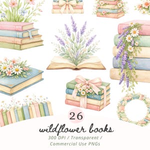 May include: Watercolor illustrations of books with floral and lavender accents. The books are in pastel colors, with some tied with ribbons and adorned with daisies. The text "wildflower books" is visible, along with other details.
