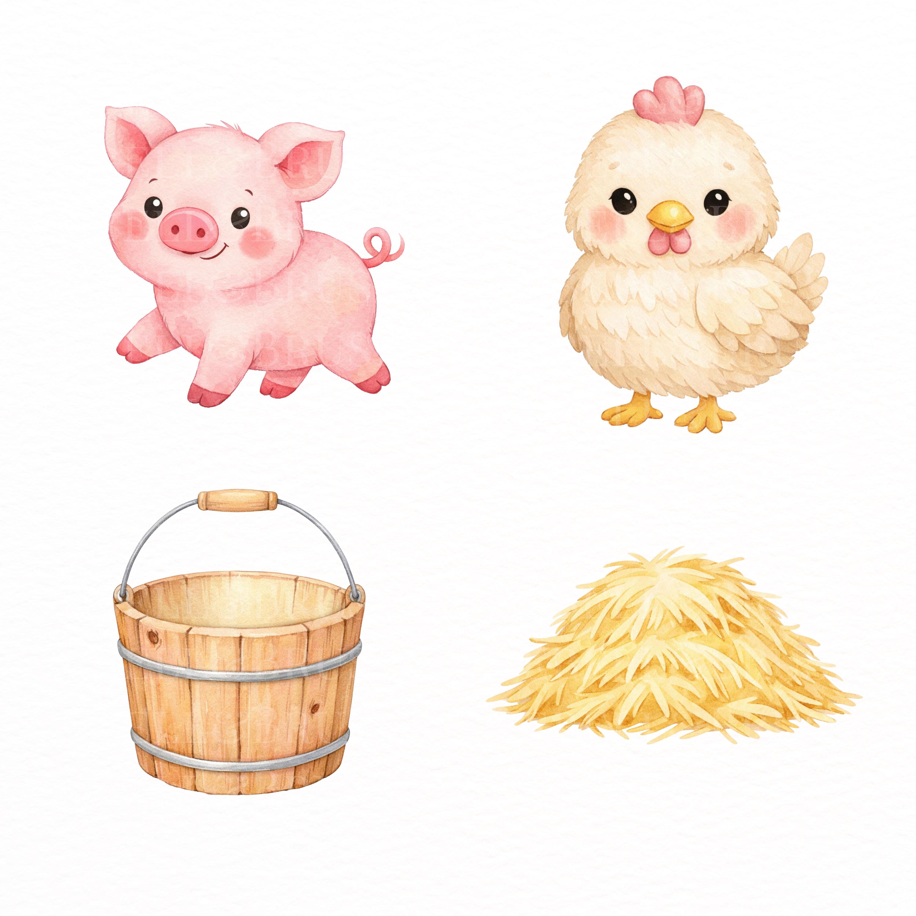 Pink Farm Animals Clipart Bundle PNG | Cute Cow Lamb Chick Bunny Pig ...