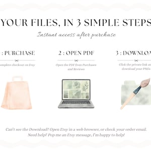 May include: An instructional graphic titled YOUR FILES, IN 3 SIMPLE STEPS. It outlines three steps: 1: PURCHASE with a shopping bag icon, 2: OPEN PDF with a laptop icon, and 3: DOWNLOAD with a folder and paintbrush icon. Text at the bottom provides support.