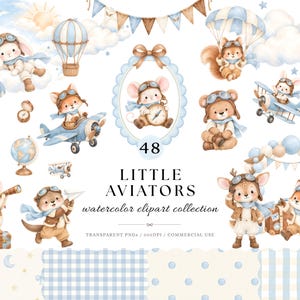 Puede incluir: Una colección de imágenes prediseñadas en acuarela titulada Little Aviators que incluye 48 ilustraciones de animales con equipo de aviador, como conejos, zorros y osos con aviones, globos aerostáticos, globos terráqueos y fondos estampados en azul y beige.