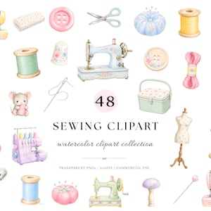 Pode incluir: Uma coleção de 48 ilustrações de clipart em aquarela com tema de costura, incluindo máquinas de costura, carretéis de linha, manequins, tesouras, botões, alfineteiros, uma cesta de costura, uma agulha, um alfinete e um pequeno rato.