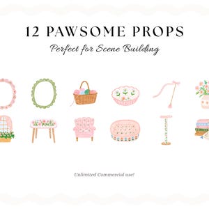May include: A digital illustration set titled 12 PAWSOME PROPS Perfect for Scene Building featuring twelve individual icons including two oval frames, a yarn basket, a floral bowl, a wand toy, a flower vase, a window, a table, a chair, a pet bed, a post, and books.