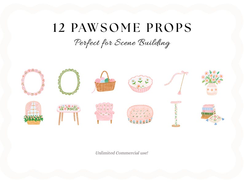 May include: A digital illustration set titled 12 PAWSOME PROPS Perfect for Scene Building featuring twelve individual icons including two oval frames, a yarn basket, a floral bowl, a wand toy, a flower vase, a window, a table, a chair, a pet bed, a post, and books.