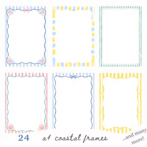 May include: A collection of six rectangular frames featuring various border designs, including blue stripes with seashells, yellow and blue blocks, teal stripes, pink stripes, blue wavy lines with bows, and yellow stripes with text reading 24 a4 coastal frames...and many more!