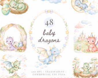 May include: Watercolor illustrations of baby dragons in various poses, with castles, clouds, and stars. The image includes the text "48 baby dragons" and is labeled as 300 DPI, transparent, and for commercial use.