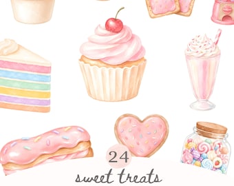 Könnte beinhalten: Eine Sammlung von Aquarellillustrationen mit einem Cupcake mit Kirsche, einem Regenbogen-Schichtkuchen, einem rosa glasierten Eclair, einem herzförmigen Keks, einem Milchshake, einem Donut, Gebäck und einem Glas Süßigkeiten mit dem Text 24 sweet treats.