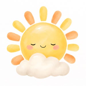 Puede incluir: Una ilustraci&oacute;n en acuarela de un sol amarillo brillante con una cara sonriente, ojos cerrados y mejillas rosadas. El sol presenta rayos amarillos y naranjas alternos y est&aacute; parcialmente oculto por una nube blanca suave y esponjosa.