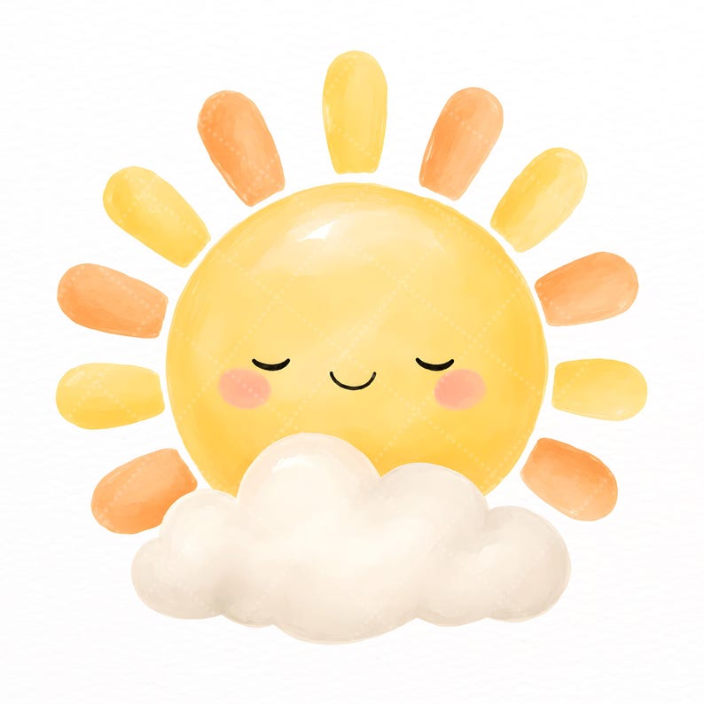 Puede incluir: Una ilustraci&oacute;n en acuarela de un sol amarillo brillante con una cara sonriente, ojos cerrados y mejillas rosadas. El sol presenta rayos amarillos y naranjas alternos y est&aacute; parcialmente oculto por una nube blanca suave y esponjosa.