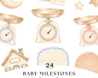 Op de afbeelding: Een collectie aquarelillustraties met drie vintage keukenweegschalen in crème, blauw en roze, een halve maan, sterren, een meetlint met een strik, een huisvormig bord en twee decoratieve labels met de tekst 24 BABY MILESTONES.