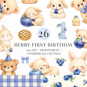 May include: Watercolor illustrations featuring adorable teddy bears and bunnies with blueberries, a pie, and a number 1. Text reads "Berry First Birthday" and "26". Includes PNG files for commercial use.
