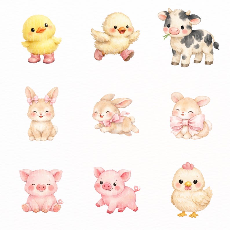 Pink Farm Animals Clipart Bundle PNG | 61 Cute Barnyard Animals, Cow ...