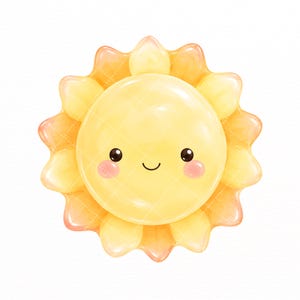 Puede incluir: Un objeto circular con forma de sol que presenta un centro amarillo liso y brillante con una cara sonriente, ojos negros, una peque&ntilde;a boca curvada y mejillas rosadas. El borde exterior consta de rayos redondeados en tonos amarillos.