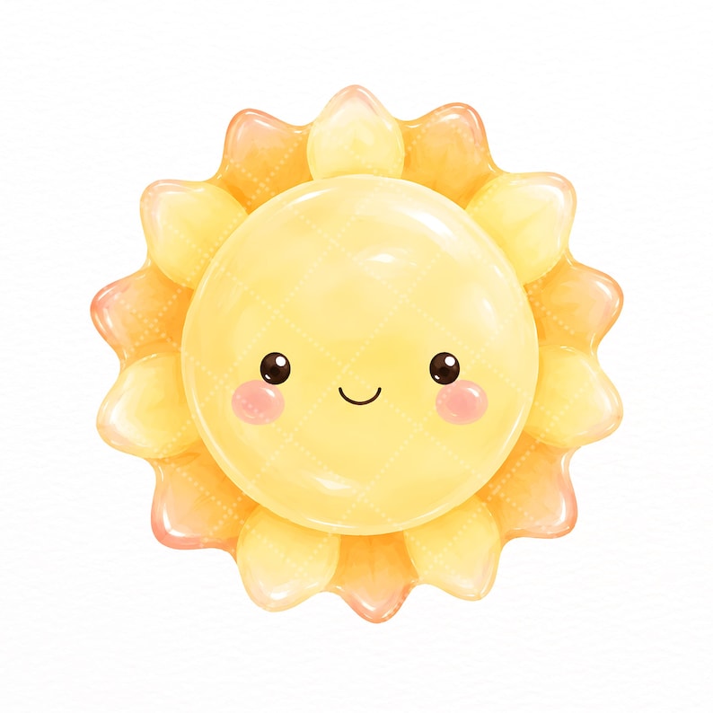 Puede incluir: Un objeto circular con forma de sol que presenta un centro amarillo liso y brillante con una cara sonriente, ojos negros, una peque&ntilde;a boca curvada y mejillas rosadas. El borde exterior consta de rayos redondeados en tonos amarillos.