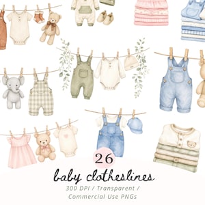 Puede incluir: Ilustración en acuarela de ropa de bebé colgada en un tendedero. La imagen incluye bodies, petos, vestidos, sombreros y peluches en colores pastel suaves. También se ve el texto "26 baby clotheslines".