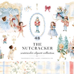 Nötknäpparen Clipart-paket, akvarell jul, Nötknäpparen jul PNG, Ballerina- och muskung, julgrafik, julbalett