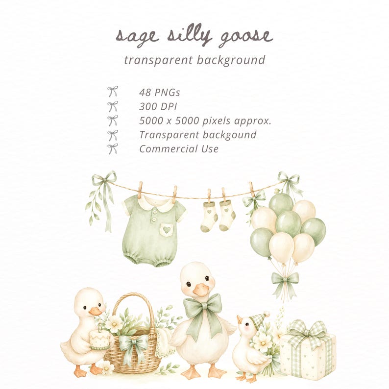 May include: A digital illustration set titled sage silly goose featuring 48 PNG files at 300 DPI. The graphics include a sage green baby romper, socks, balloons, a wicker basket with flowers, three geese, and a gift box with a checkered bow.
