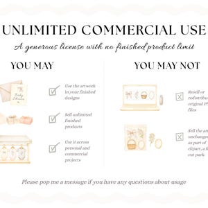 May include: A digital license information graphic titled UNLIMITED COMMERCIAL USE. It lists permissions including using artwork in finished designs, selling unlimited products, and using it for projects. It lists prohibitions like reselling original PNG files.