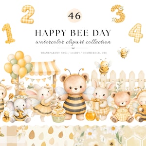 以下が含まれることがあります： HAPPY BEE DAYと題された水彩画のクリップアートコレクション。ハチの衣装を着たテディベア、ウサギ、子羊、ゾウのイラストに加え、ハチミツの壺、カップケーキ、風船、柵のデザインが描かれています。