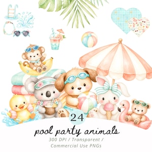 Pode incluir: Ilustração em aquarela de 24 animais de festa na piscina, incluindo um macaco em uma banana, um cachorro com óculos, um coala com uma bebida e um pato na água. A imagem inclui uma bola de praia, um coquetel e um guarda-sol.