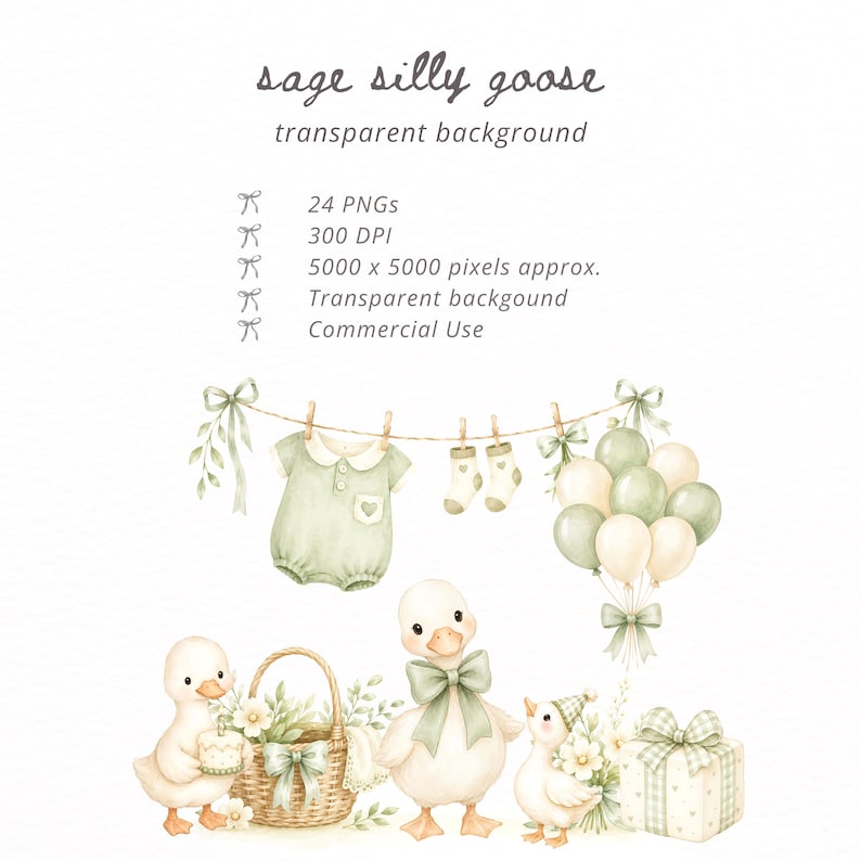 May include: Watercolor illustration with the text "sage silly goose" and baby-themed elements. Includes a baby onesie, socks, balloons, gift, and ducks. The image is in soft green and cream colors, with a transparent background.