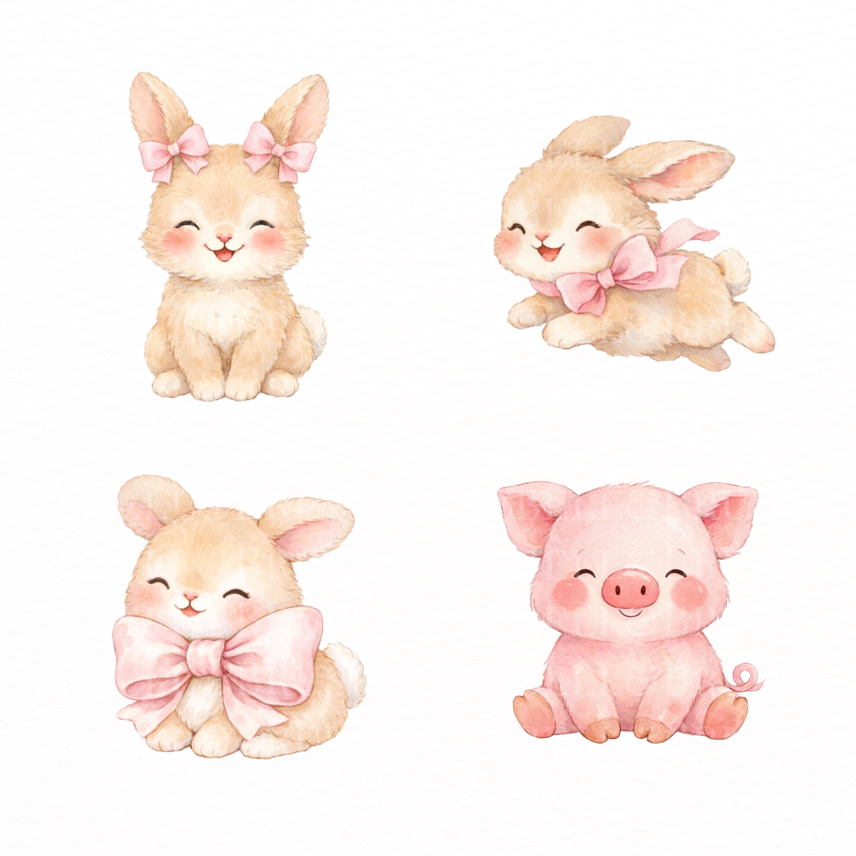 Pink Farm Animals Clipart Bundle PNG | Cute Cow Lamb Chick Bunny Pig ...
