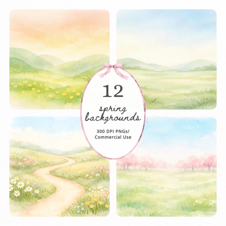Spring Landscape Backgrounds Watercolor Style PNG Bundle, Meadow Scenes ...