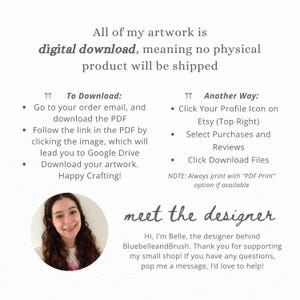 Puede incluir: Un gr&aacute;fico informativo con texto gris oscuro sobre un fondo blanco que explica las instrucciones de descarga digital. Incluye una secci&oacute;n titulada To Download, Another Way, y una fotograf&iacute;a circular de una persona etiquetada como meet the designer.