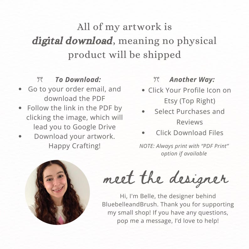 Puede incluir: Un gr&aacute;fico informativo con texto gris oscuro sobre un fondo blanco que explica las instrucciones de descarga digital. Incluye una secci&oacute;n titulada To Download, Another Way, y una fotograf&iacute;a circular de una persona etiquetada como meet the designer.