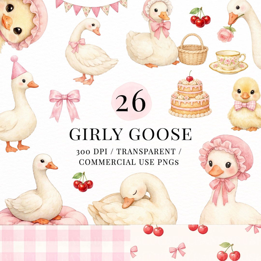 Girly Goose Clipart PNG Bundle, Watercolor Silly Goose, Coquette ...