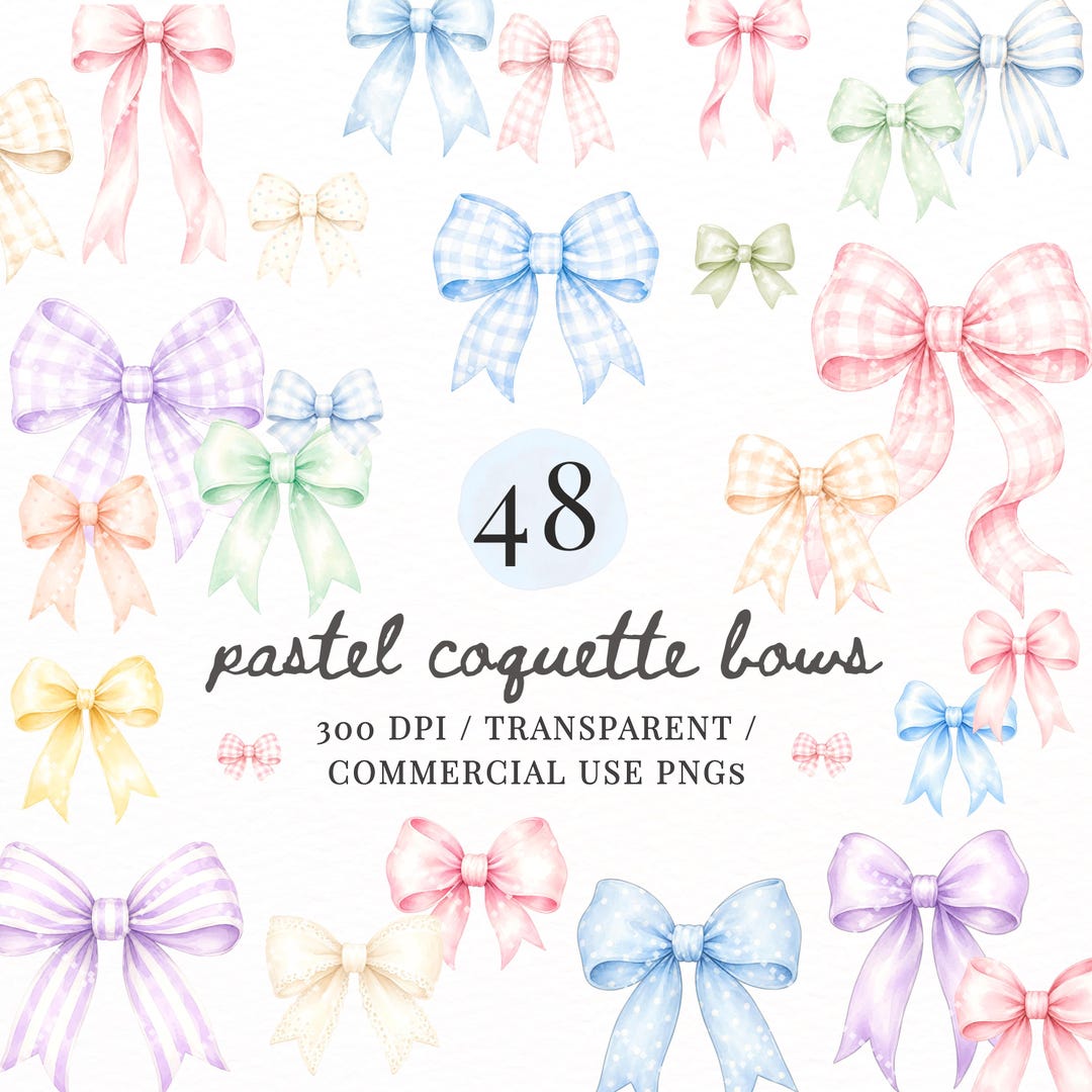 Pastel Coquette Bows Clipart PNG, Watercolor Ribbon & Gingham Hair Bow ...