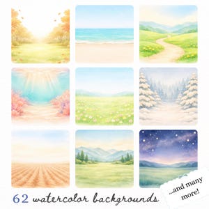 May include: A set of 62 watercolour backgrounds, each showing a different landscape scene. Scenes include a beach, a forest path, a field of flowers, and a starry night sky. The text "...and many more!" is also included.