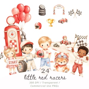 Pode incluir: Ilustração em aquarela com tema de corrida, com elementos vermelhos e brancos. Inclui uma bomba de gasolina, carros de corrida, bandeiras quadriculadas e crianças vestidas de pilotos. O texto "24 little red racers" é visível.