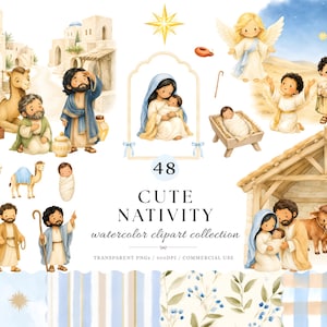 Könnte beinhalten: Eine Sammlung von 48 Aquarell-Cliparts zur Krippendarstellung mit Figuren von Maria, Josef, dem Jesuskind, Engeln, Hirten, Kamelen und einem Stall. Das Set enthält verschiedene religiöse Szenen, Tiere und gemusterte Hintergründe mit Text.