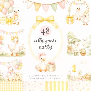 May include: Watercolor illustrations featuring adorable white geese with bows, balloons, and gifts. The phrase "silly goose party" is displayed in a decorative oval frame. The image includes banners, a cake, and a picnic scene, all in soft pastel colors.