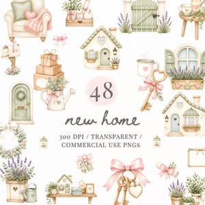 Pode incluir: Uma coleção digital de 48 ilustrações em aquarela com temas de casa nova, incluindo casas, chaves, vasos de lavanda, caixas de correio, móveis e laços em tons pastel suaves com o texto 48 new home 300 DPI / TRANSPARENT / COMMERCIAL USE PNGS.