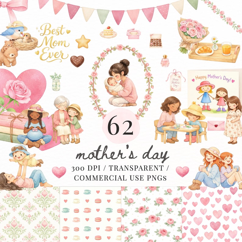 Happy Mothers Day Clipart Bundle PNG, Watercolor Floral Family Clipart ...