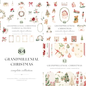 May include: A digital collection of watercolor Christmas clipart featuring Santa Claus, nutcrackers, teddy bears, wreaths, floral arrangements, and festive patterns. The set includes 84 elements labeled Grandmillennial Christmas complete collection.