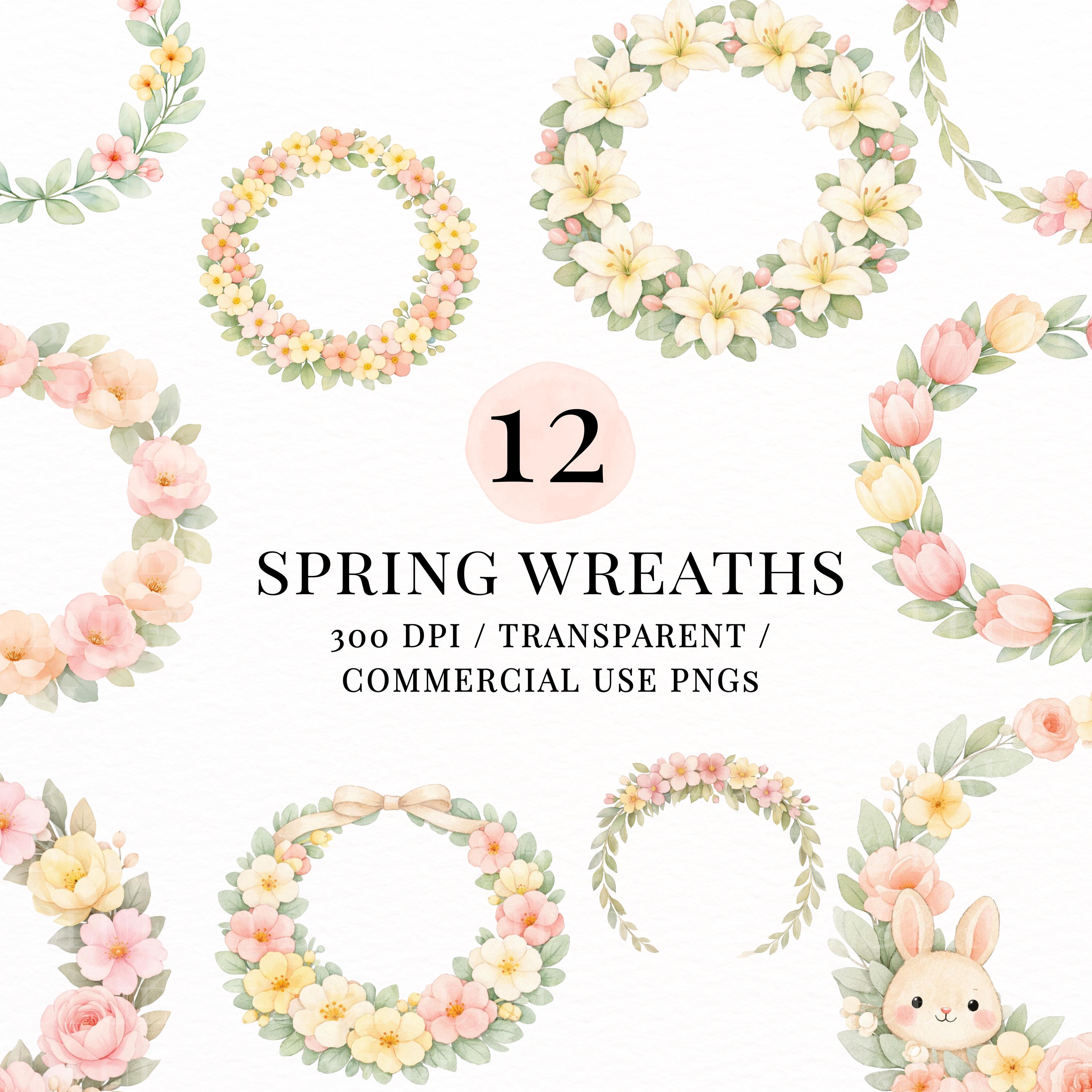 Spring Floral Wreath Clipart PNG Bundle, Watercolor Flower Wreaths ...