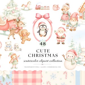 Puede incluir: Una colección de 48 ilustraciones navideñas en acuarela que incluyen un trineo rosa, reno, hombre de jengibre, pingüino en un marco de lazo, Santa Claus, muñeco de nieve, elfo, casa de jengibre y varios patrones festivos con el texto CUTE CHRISTMAS.