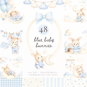 Puede incluir: Ilustraciones en acuarela de conejitos bebés azules, con lunas, nubes y estrellas. La imagen incluye el texto "48 blue baby bunnies". El estilo es suave y caprichoso, ideal para diseños temáticos de bebés.
